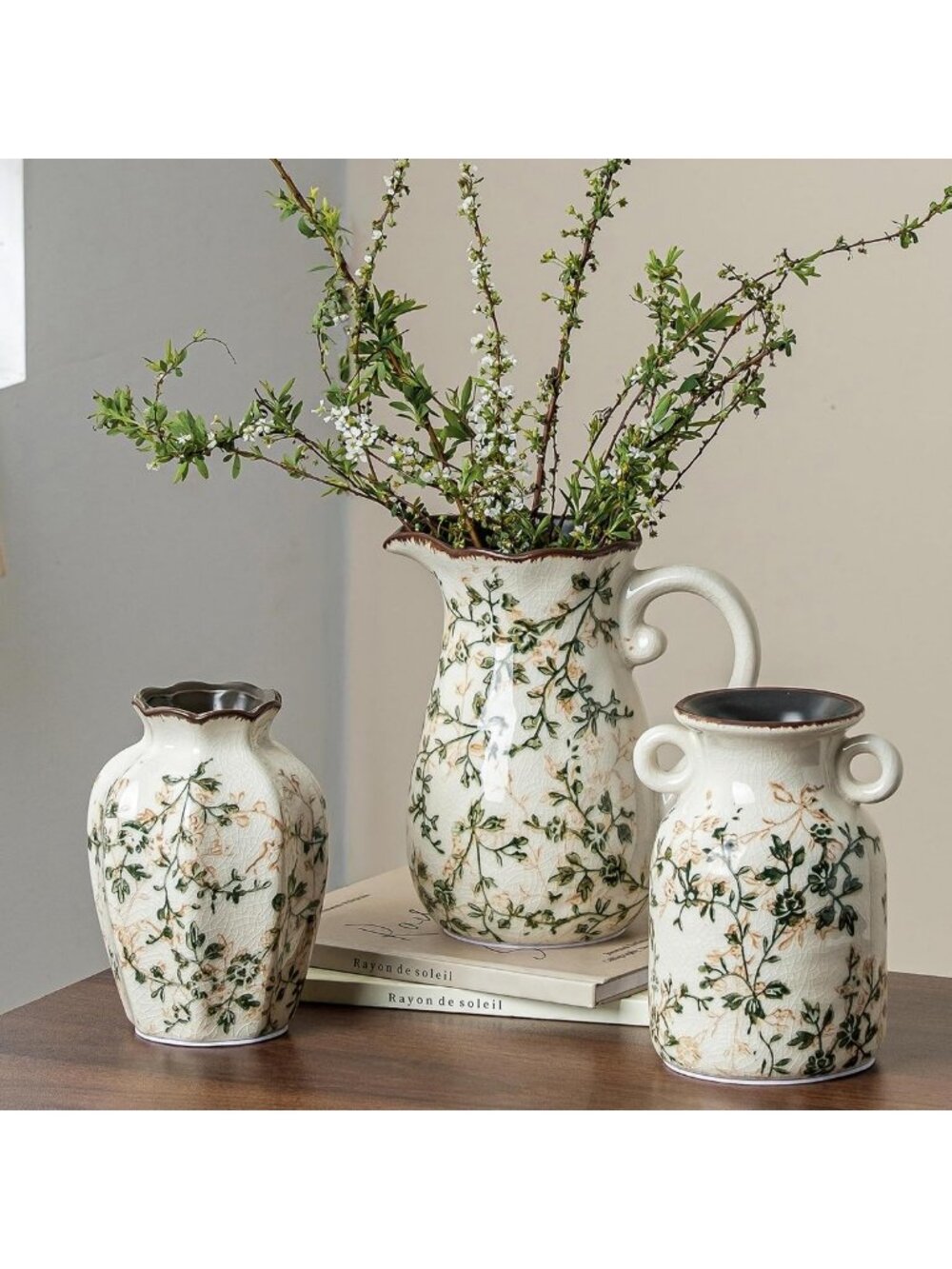 Vintage Green Ceramic Flower Vase Set for Home Decor - 6, 6, & 7 Inch Sizes